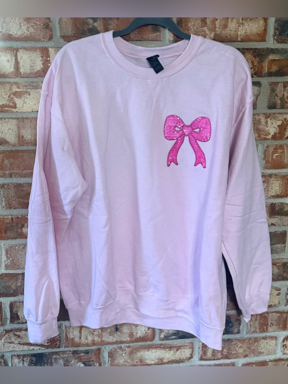 Gildan Pink Crewneck Sweatshirt with Sequin Bow Applique